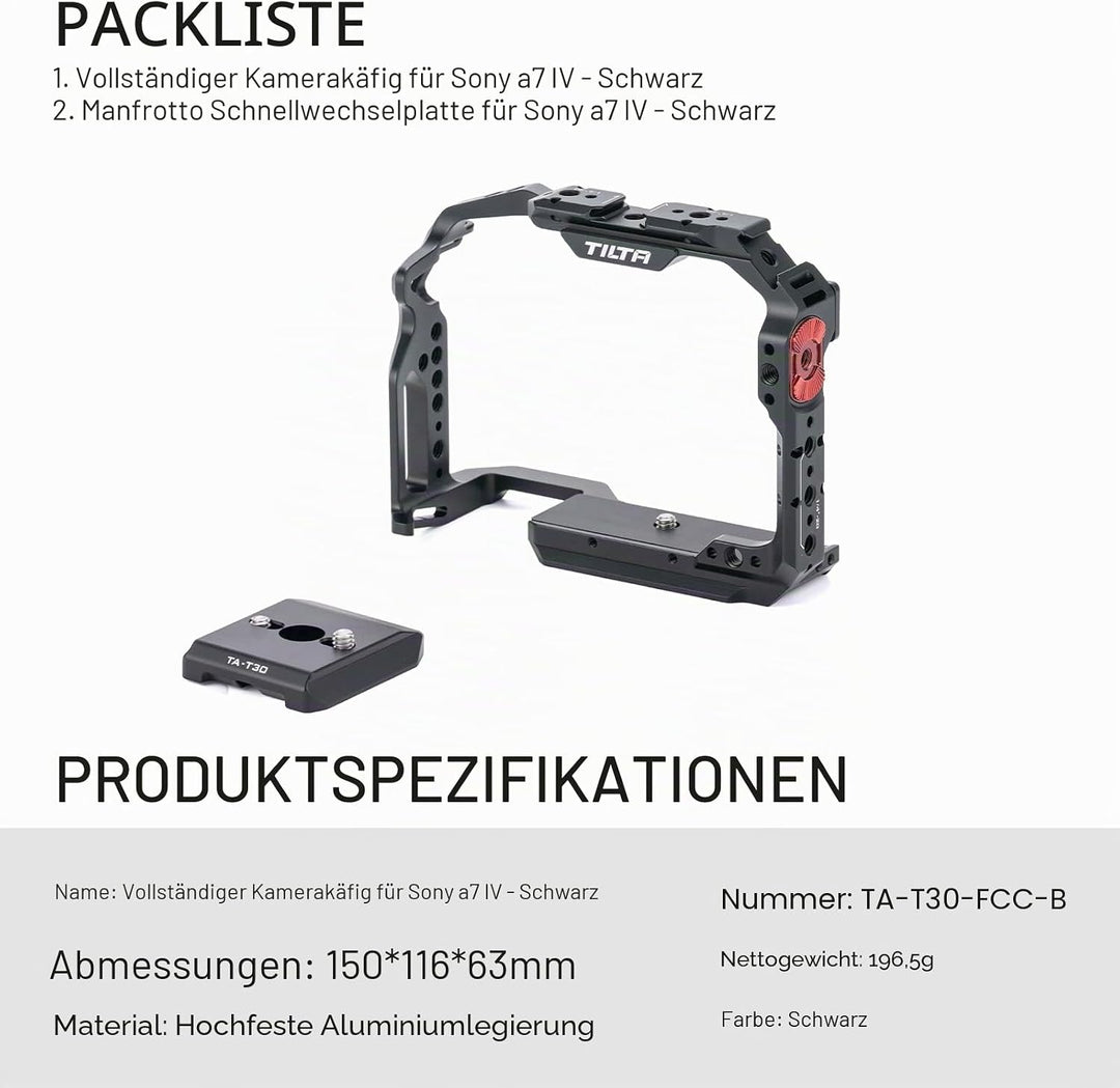 Tilta Full Camera Cage Kompatibel mit Sony a7 IV Video Movie Filmmaking Rig,mit Manfrotto Schnellwec