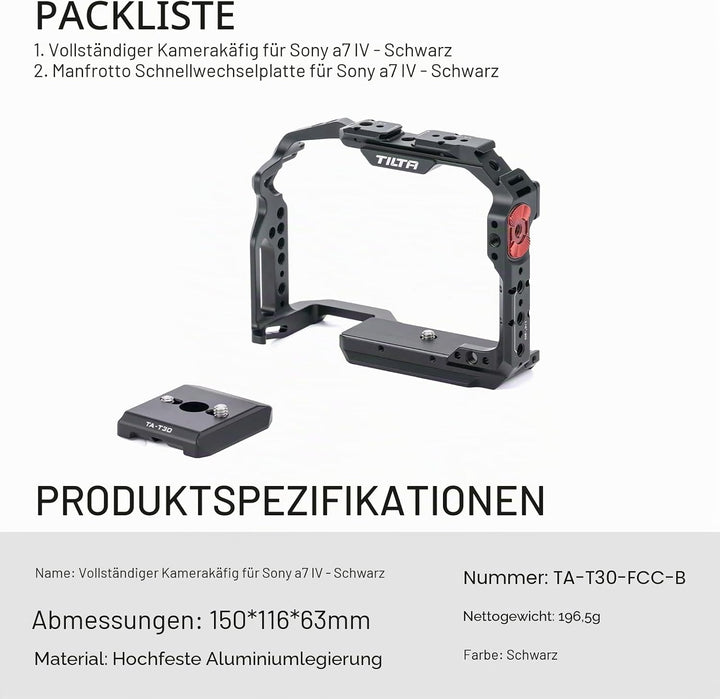 Tilta Full Camera Cage Kompatibel mit Sony a7 IV Video Movie Filmmaking Rig,mit Manfrotto Schnellwec
