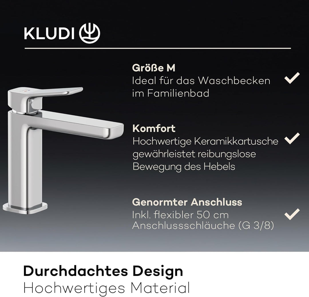 KLUDI-X3 Waschtischarmatur, Auslaufhöhe 110 mm, wassersparender Wasserhahn Bad Grösse M, Keramikkart