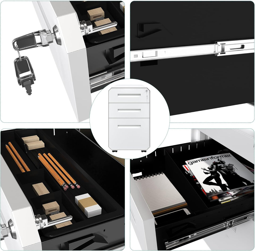 YITAHOME Metall Rollcontainer mit 3 Schubladen, Abschliessbar Aktenschrank für Legal, Letter, Mobile