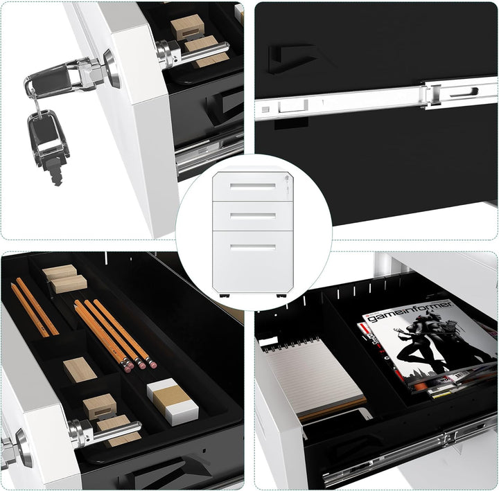 YITAHOME Metall Rollcontainer mit 3 Schubladen, Abschliessbar Aktenschrank für Legal, Letter, Mobile