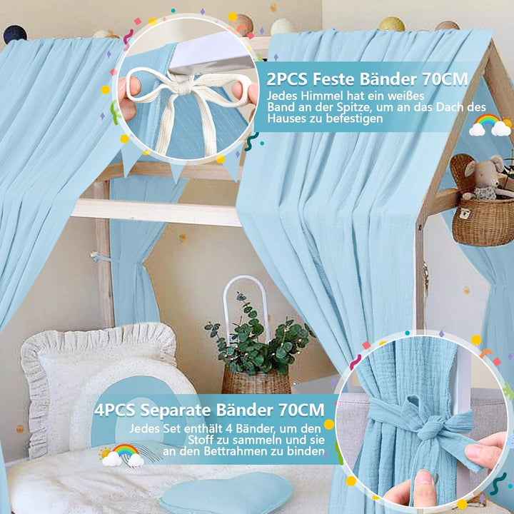 Alishomtll Hausbett Himmel Deko Set, 2 Betthimmel Hausbett aus 100% Baumwolle Musselin, 1 Wimpelkett