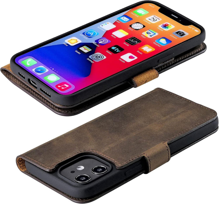Suncase Book-Style Hülle kompatibel mit iPhone 12 (6.1") Leder Tasche (Slim-Fit) Lederhülle Handytas