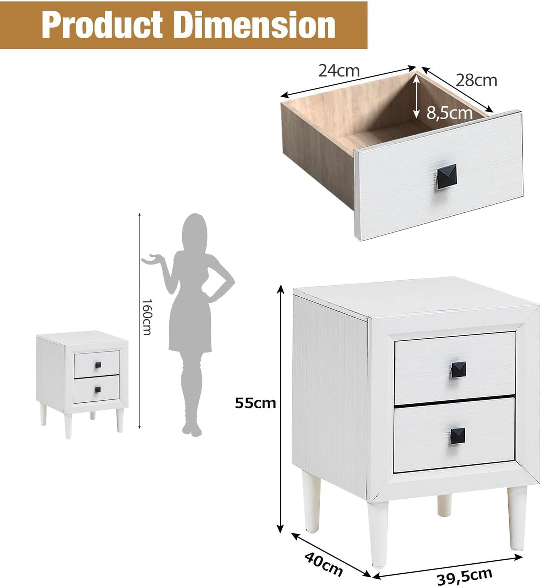 GIANTEX Nachttisch Nachtschrank 2 Schubladen, Bodenschrank Beistellschrank schlicht, Beistelltisch S