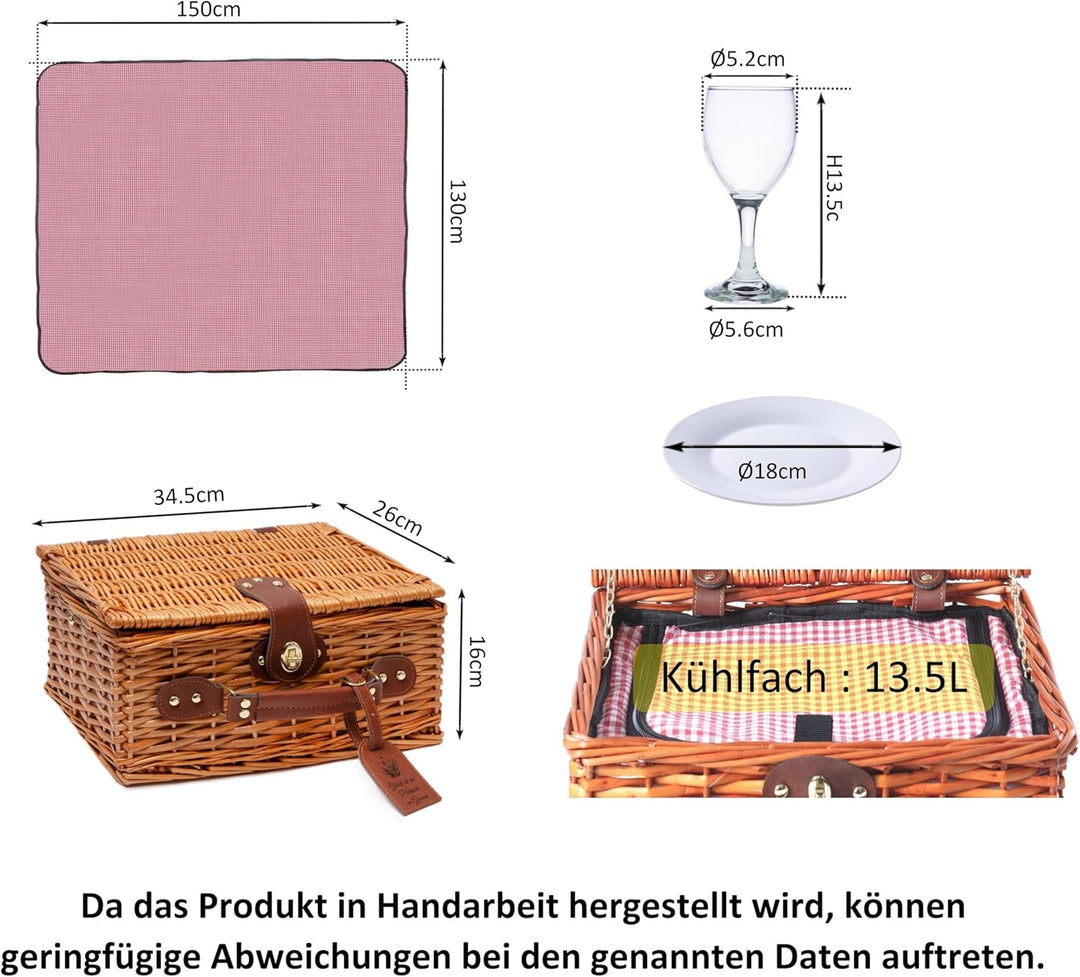 Picknickkorb für 2 Personen – Isoliertes Kühlfach und Schieferbrett – Weidenkorb mit rotem Karomuste