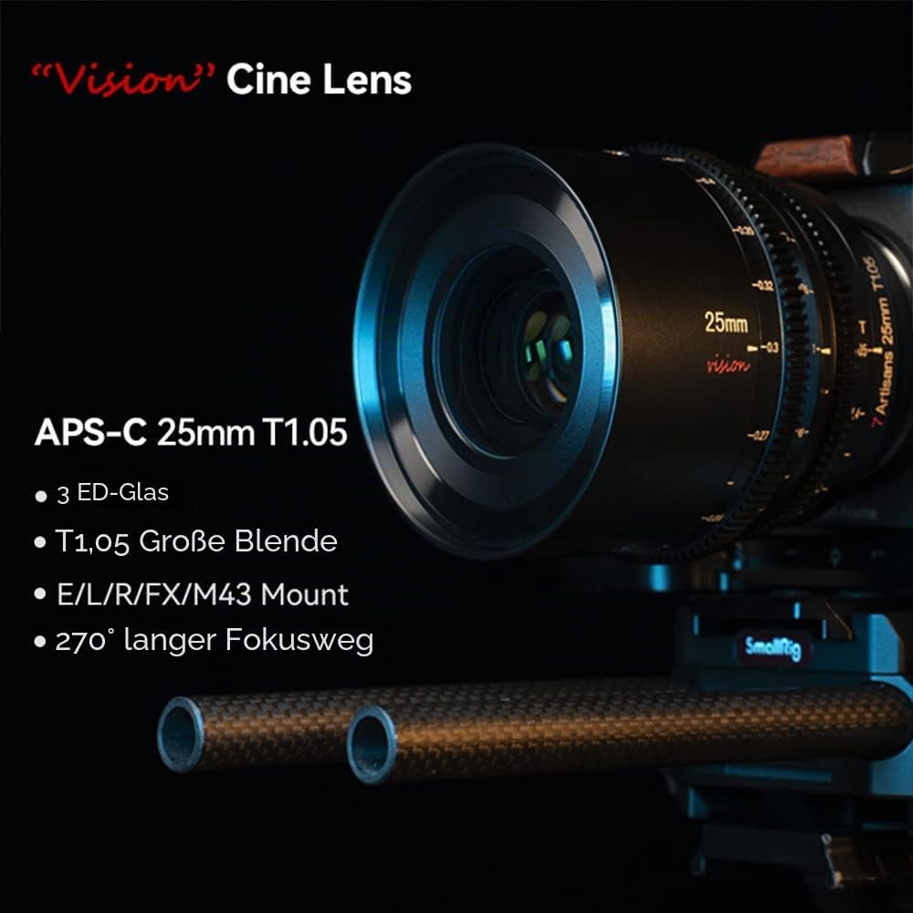 7artisans 25 mm T1.05 Cine Objektiv mit grosser Blende, manueller Fokus, geringe Verzerrung, Mini-Ki