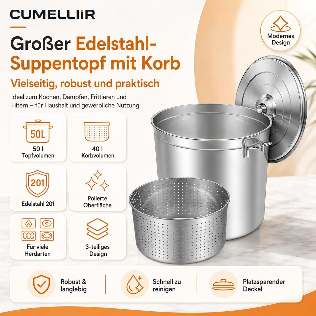 Edelstahl Kochtopf 50 Liter, Suppentopf Gross Mit Korb And Deckel, Grosser Topf Für Induktionsherden