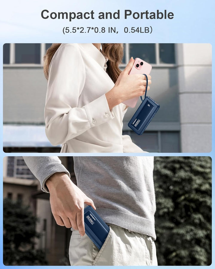Powerbank mit integrierten Kabeln, 10000mAh, 22,5W Schnellladefunktion, USB-C LED-Anzeige, tragbares