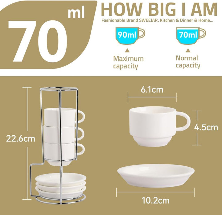 Sweejar Home Porzellan Espressotassen mit Untertassen, 70 ml stapelbare Cappuccinotassen mit Metalls