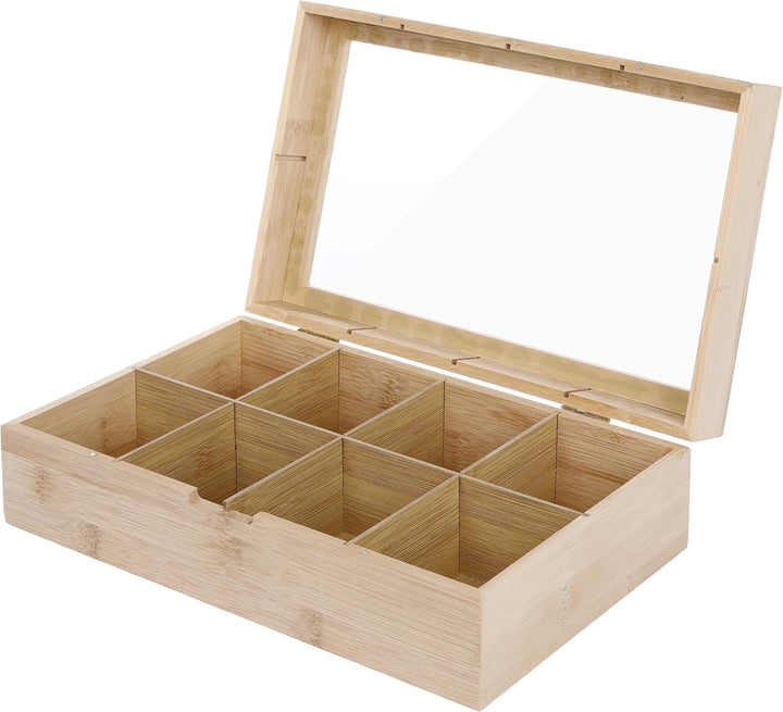 Bambus Teebox Teekiste aus Holz mit 8 Fächern und Sichtfenster - Ideal für Teebeutel, Tee, Kaffee, G