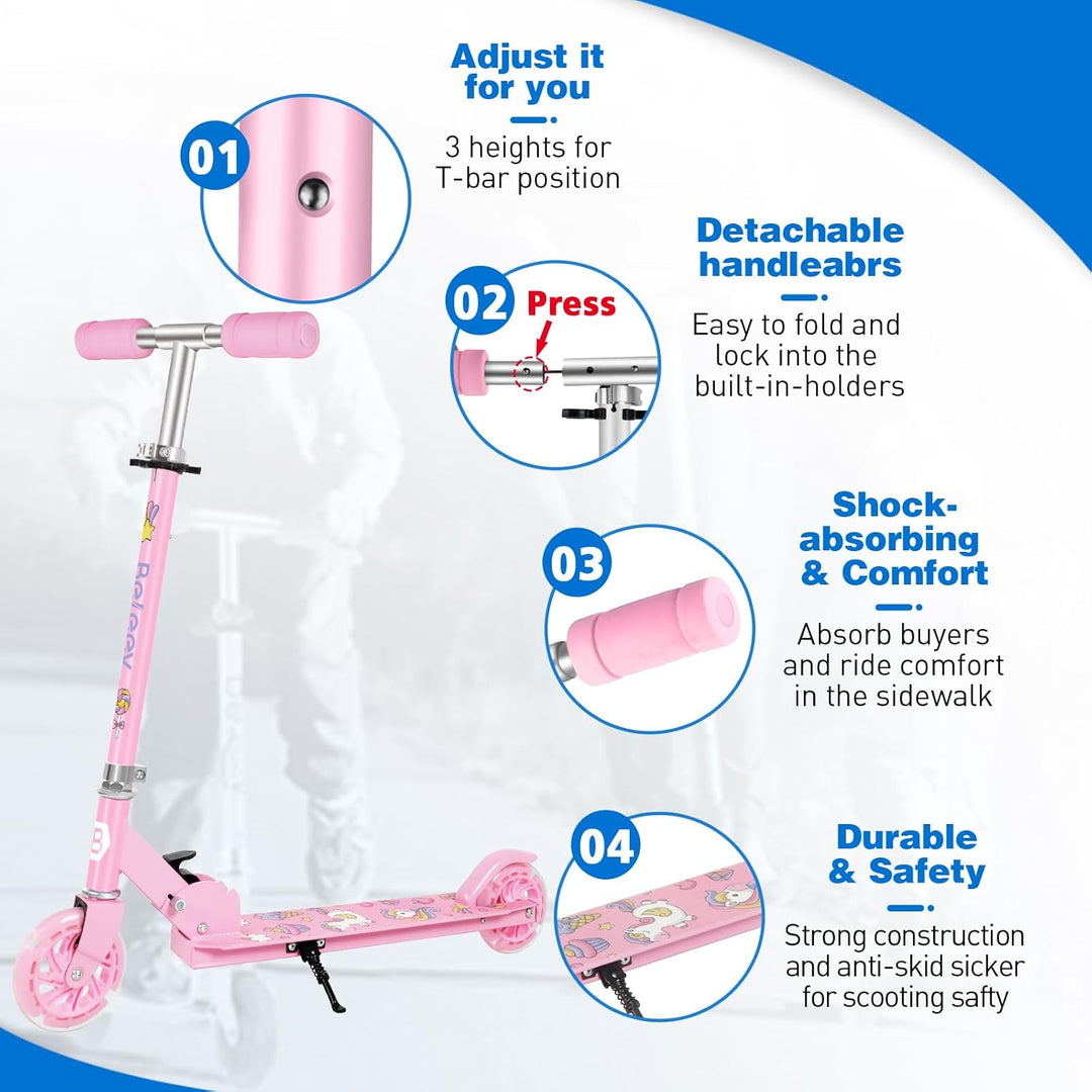 BELEEV Roller Kinder 2 Räder, Klappbar Kinderroller für Mädchen Jungen, Tretroller mit LED Leuchtend