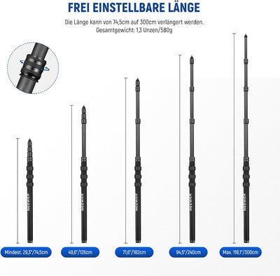 NEEWER Verbesserte Mikrofon Galgenstange, 300cm Teleskop Kohlefaser Mikrofonarm mit 5 Abschnitten, 1