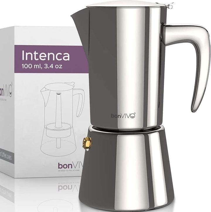 bonVIVO Espressokocher Induktion geeignet - Edelstahl Kaffeekocher in Chrom-Optik m. Wasserkessel u.