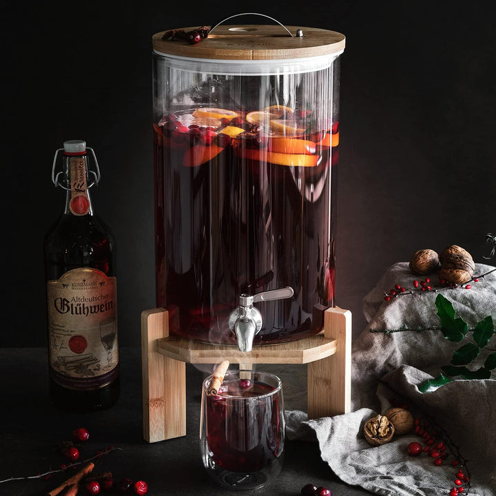 Navaris 7L Getränkespender mit Zapfhahn aus Edelstahl - Glas Wasserspender mit Stand aus Bambus Holz
