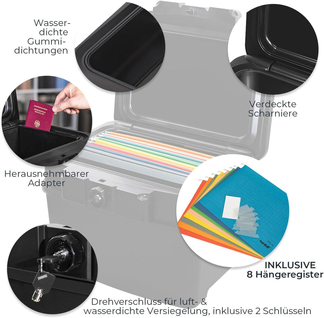 HMF 250453 Feuerfeste Wasserdichte Dokumentenbox | DIN A4 | Hängeregister | schwarz DIN A4, Register
