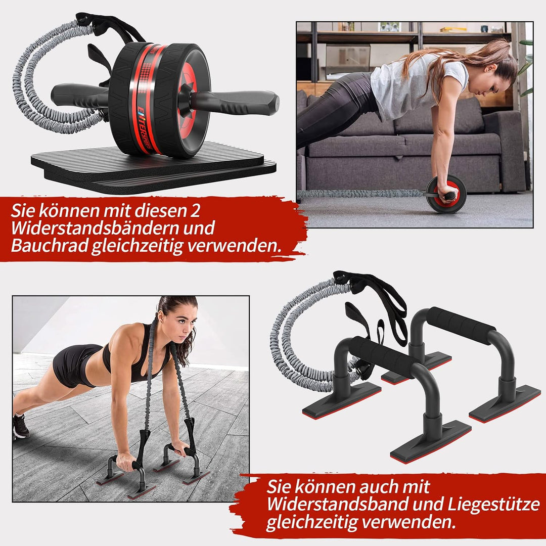 EnterSports Bauchroller, 6-in-1 Bauchtrainer mit Fitnessband, Liegestütze, Kniematte, Fitness Geräte