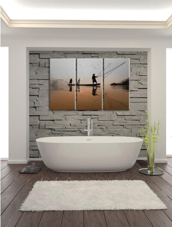 Pixxprint Fisher beim Angeln im Mekong-Fluss in Thailand B&W Detail 3-Teiler Leinwandbild 120x80 Bil