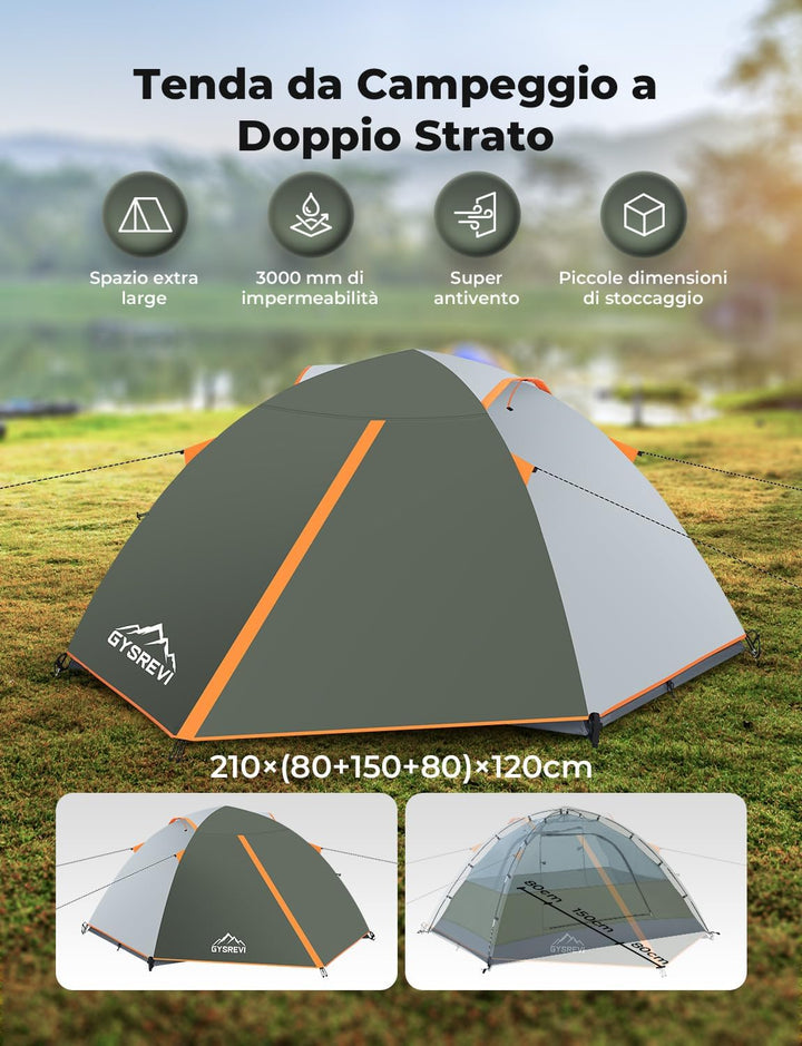 Campingzelt für 2-3 Personen, Doppel-Tür-Zelt, wasserdicht &amp; winddicht, innen und aussen, 2-in-1, ge