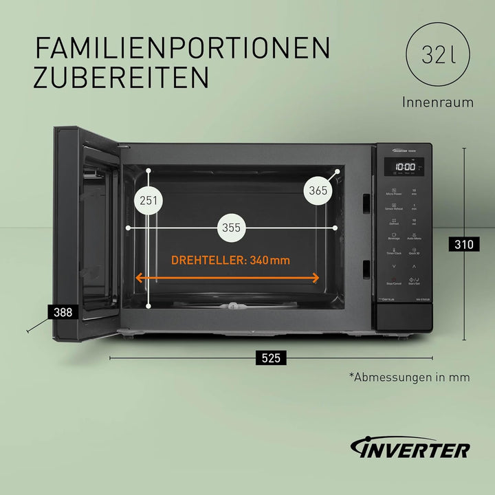 Panasonic NN-ST65QBEPG 32L Inverter Solo Mikrowelle, 1000 Watt Leistung, Genius Sensor Technologie,
