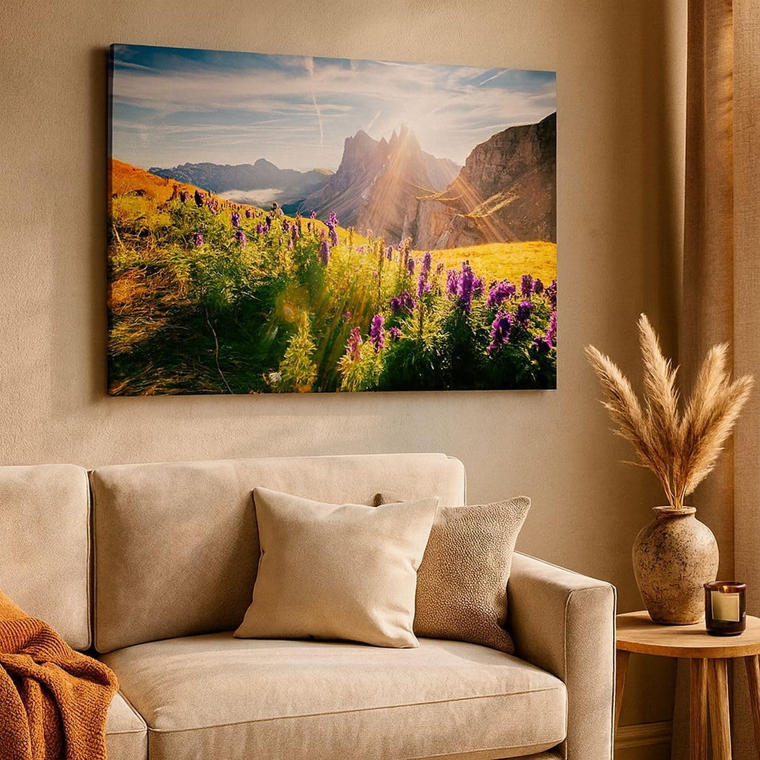 Bilder auf Leinwand Berge Wiese Blumen Leinwandbild mit Rahmen 70x50cm Wandbilder Dekoration Wohnzim