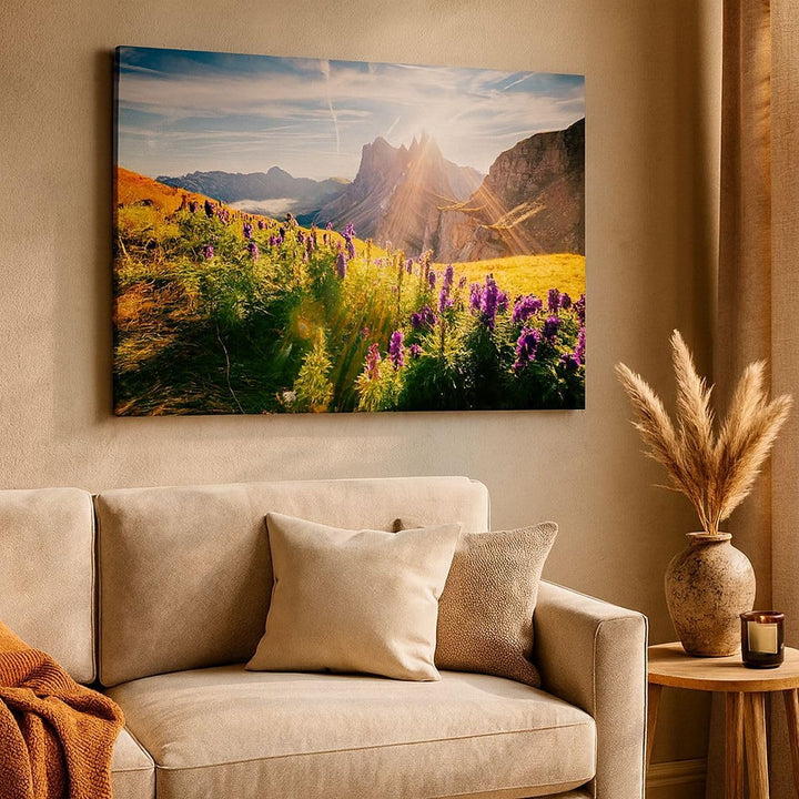 Bilder auf Leinwand Berge Wiese Blumen Leinwandbild mit Rahmen 70x50cm Wandbilder Dekoration Wohnzim