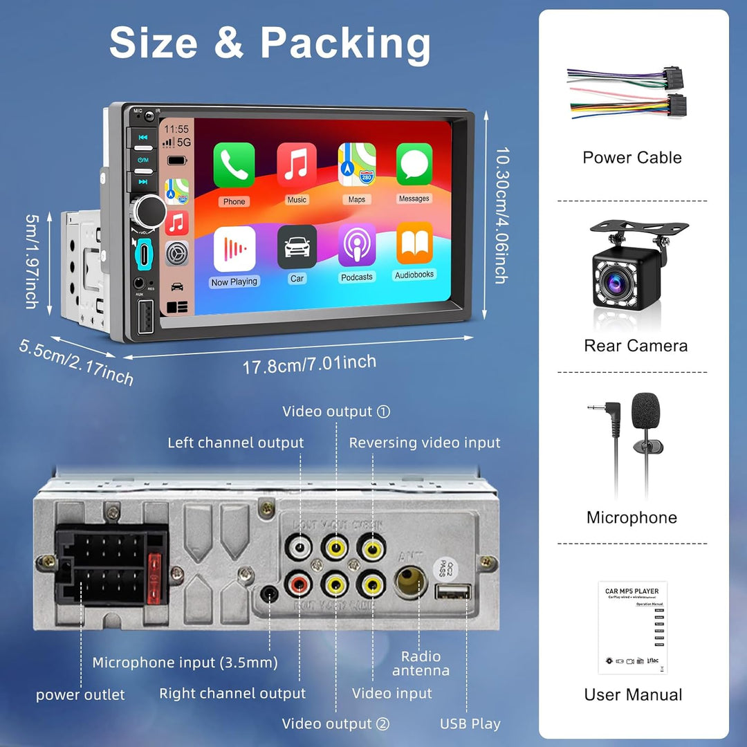 1 DIN Autoradio mit Wireless CarPlay & Android Auto,7-Zoll Touchscreen Auto Display,Mirror Link,GPS
