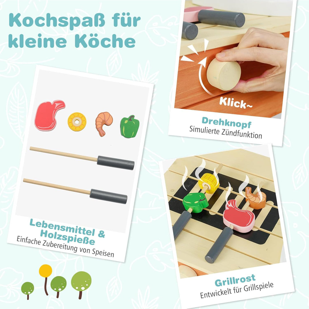 COSTWAY Matschküche Kinder Outdoor, Kinderküche Holz mit Wasserhahn & Grill, inkl. Holzspiessen, Leb