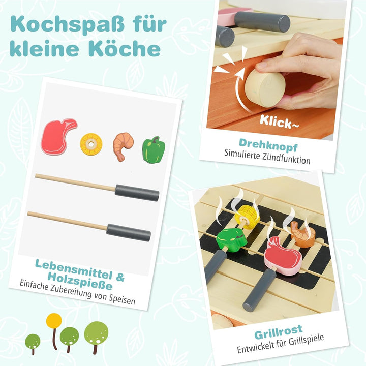 COSTWAY Matschküche Kinder Outdoor, Kinderküche Holz mit Wasserhahn & Grill, inkl. Holzspiessen, Leb