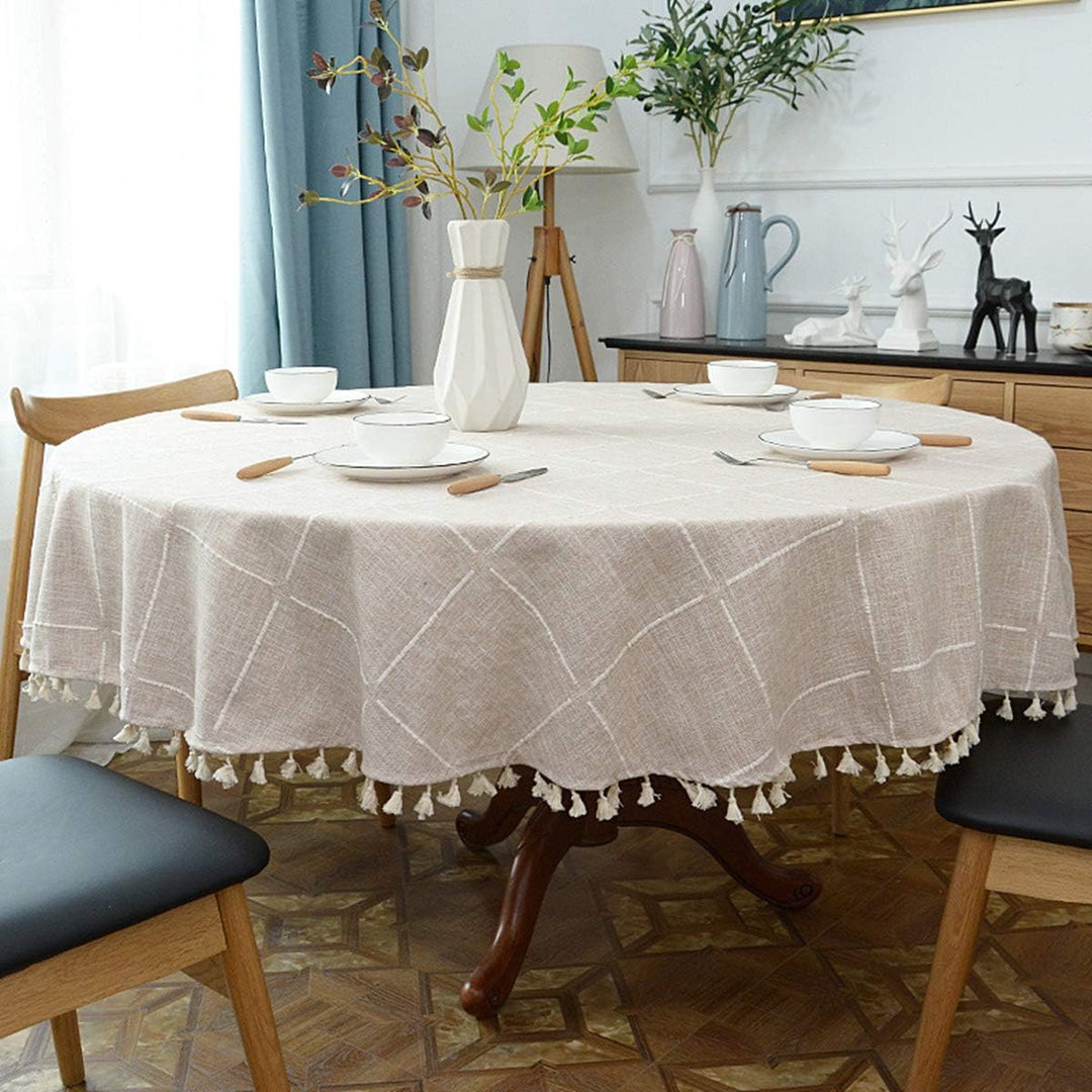 schwere Baumwolle Leinen Tischdecke, rundes, Kariertes Quaste Tischtuch für Küche Esszimmer Tischdek