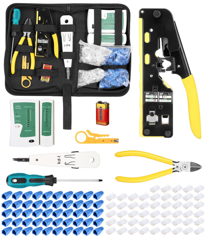 Netzwerk Werkzeug Set Pass Through RJ45 Crimpzange Cat5 6 7 mit Tester | Abisolierzange + 50x Cat6 S