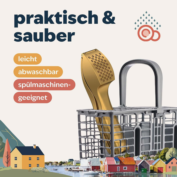 kjøk Premium Knoblauchpresse aus Zinklegierung in Gold matt - profi Knoblauch Presse spülmaschinenfe