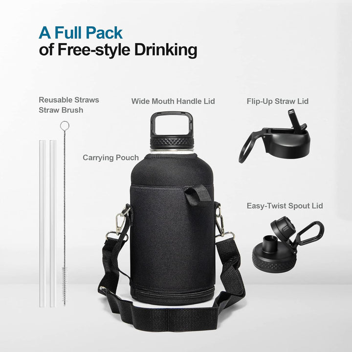 Coolflask Isolierte Wasserflasche 2L, Halbe Gallone Wasserkrug mit Strohhalm & 3 Deckel, Grosse Isol