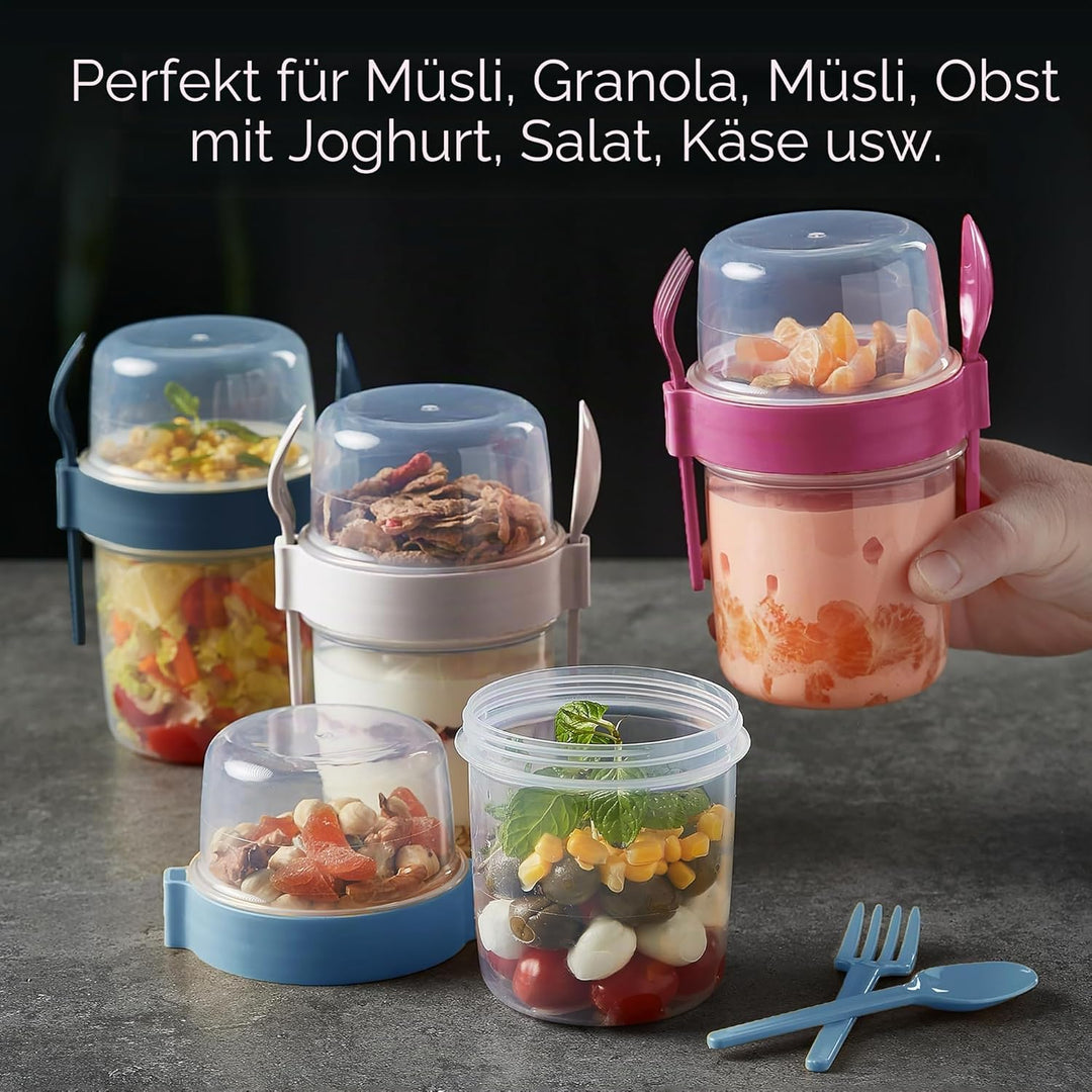 Crystalia Müslibecher to Go mit Löffel & Gabel Set 4, 100% BPA-FREI Joghurt Becher to Go mit Deckel,
