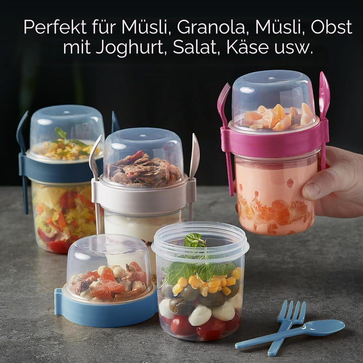 Crystalia Müslibecher to Go mit Löffel & Gabel Set 4, 100% BPA-FREI Joghurt Becher to Go mit Deckel,