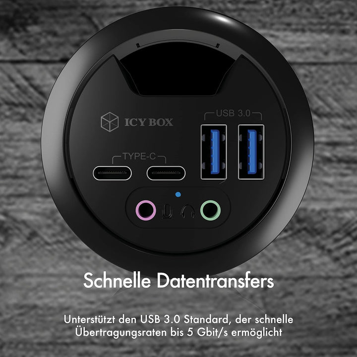 Icy Box Hub 4-Port USB 3.0 IB-HUB1403B Tischeinbau, 60 mm 2 x USB-A + 2 USB-C + Audio 60 mm, 2 x USB