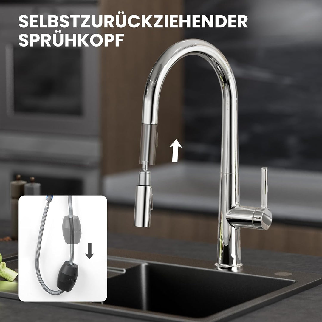 CECIPA Wasserhahn Küche, Hoher Bogen Hochdruck Küchenarmatur mit Brause Ausziehbar Armatur, Mischbat