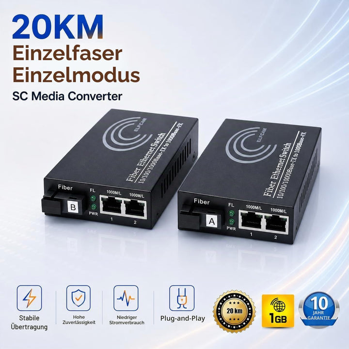 Elfcam® - Gigabit Ethernet LWL Media Converter Fibre Optic 10/100/1000 Mbps Including Mini-GBIC (SFP