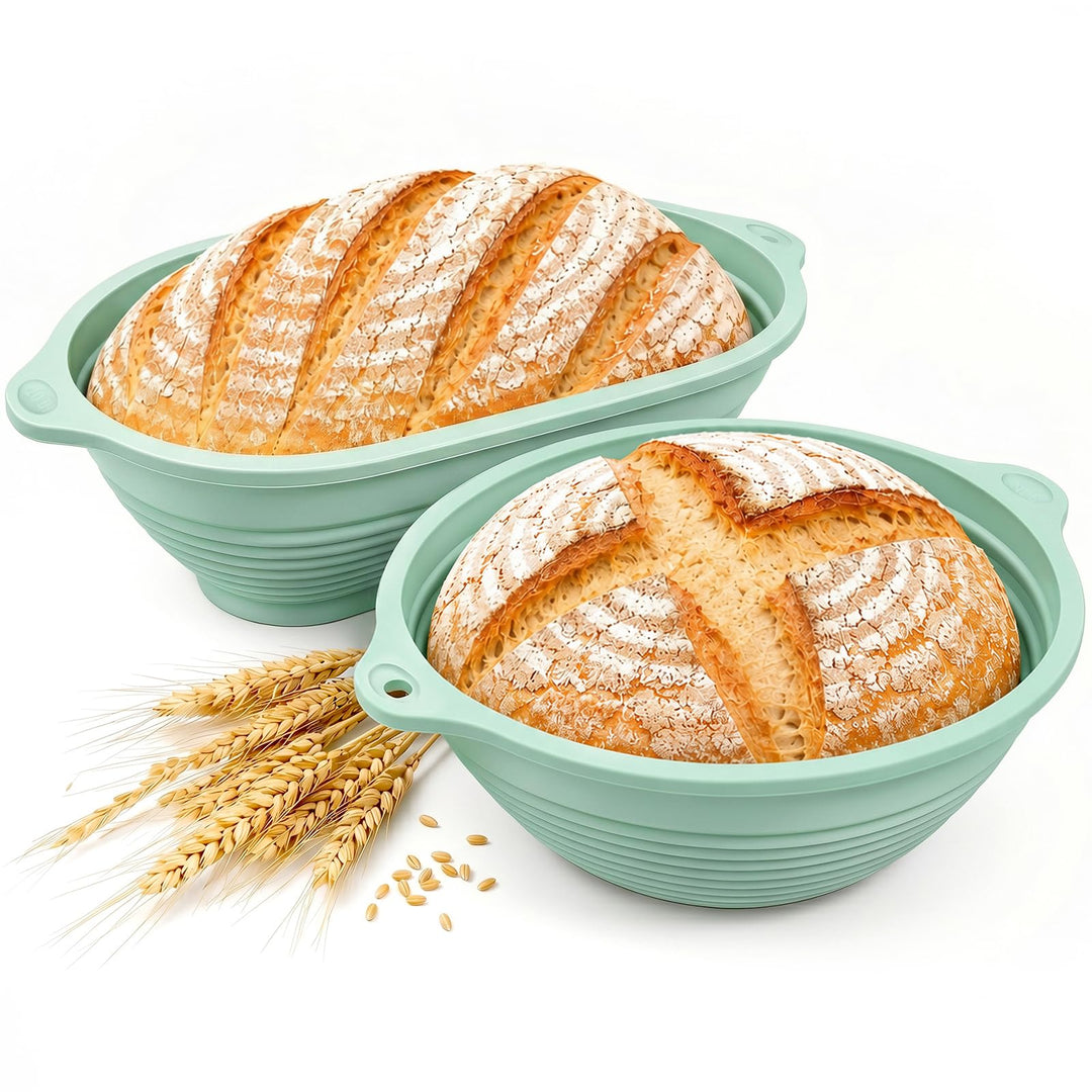 2 Stück Silikon Gärkörbchen für Brot, 29 cm Oval und 25 cm Rund, Eingebauter Verstärkter Stahlfelgen