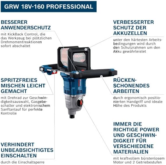 Bosch Professional 18V System Akku-Rührwerk GRW 18V-160 (incl. 1x Verlängerung 7 cm (M14-M14), 2x Sc