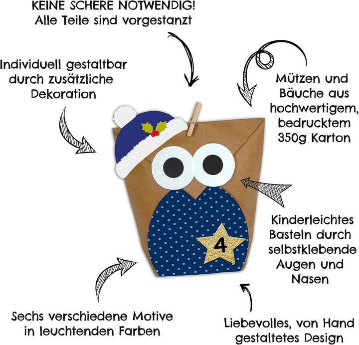 Papierdrachen Adventskalender 2025 zum Befüllen - 24 blaue Eulen-Tüten im Winterdesign - DIY Set mit