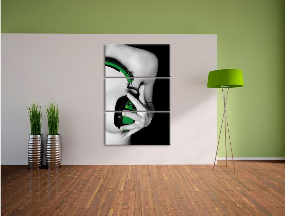 Dark Sexy Girl grüne Kopfhörer schwarz/weiss 3-Teiler Leinwandbild 120x80 Bild auf Leinwand