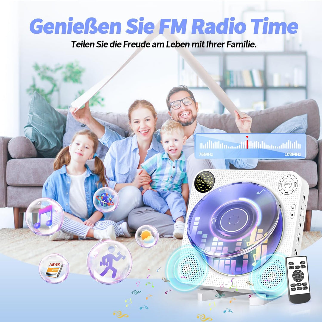 DESOBRY Tragbarer CD Player mit Bluetooth, Kleiner CD-Player für die Wandmontage mit Lautsprechern,