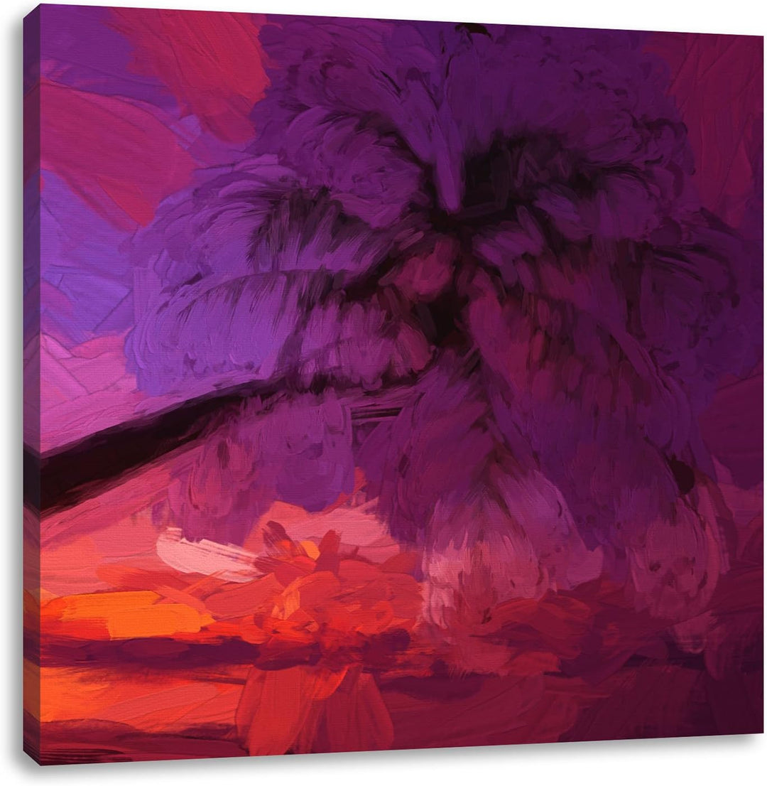 Pixxprint Palme am Meer mit Sonnenuntergang Pinsel Effekt, Format: 70x70 auf Leinwand, 70x70