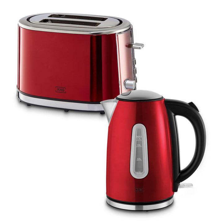 KHG Frühstücksset aus Wasserkocher & Toaster in Rot, Edelstahl Metallic Chrom, 1,7l Kapazität & 2 To