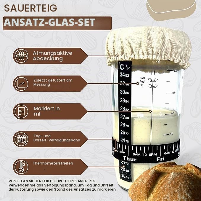 Brotbackset mit 2 Gärkörben (24 cm Rund &amp; 25 cm Oval), inkl. Sauerteig-Glas, Brotschneider, Teigscha