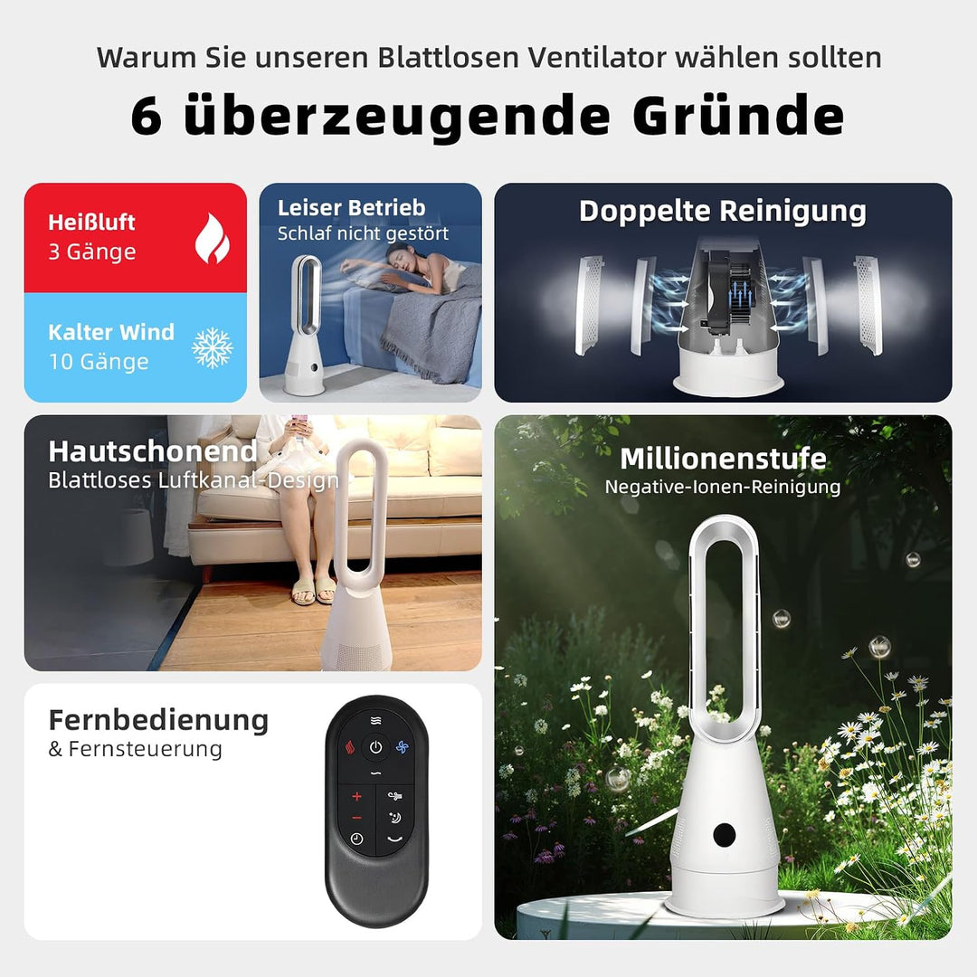 JF-500 Turmventilator mit Heizung, Kühlung, Luftreiniger, 120° Oszillation, Fernbedienung