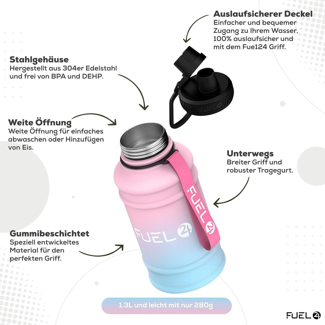 Fuel24 Extra Stark Trinkflasche Edelstahl Metall 1.3L & 2.2L - Auslaufsicher & BPA-Frei Wasserflasch