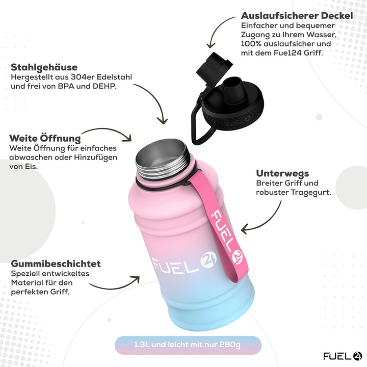 Fuel24 Extra Stark Trinkflasche Edelstahl Metall 1.3L & 2.2L - Auslaufsicher & BPA-Frei Wasserflasch