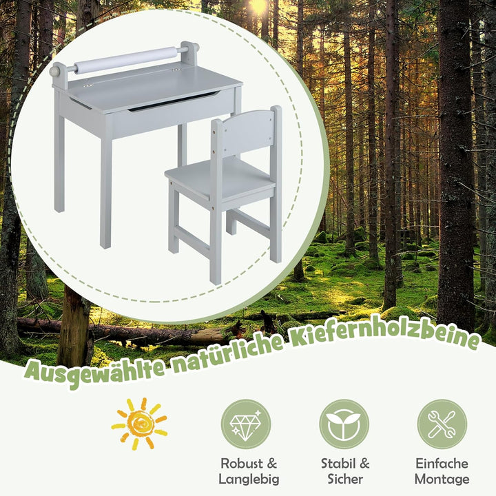 DREAMADE Schreibtisch Kinder mit Stuhl, Schülerschreibtisch aus Holz, Jugendschreibtisch, Kindertisc