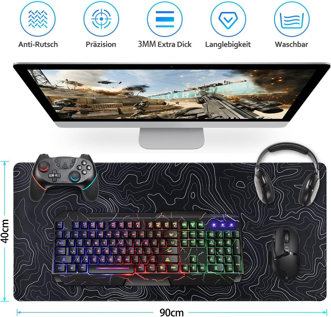 Zindoo Gaming Mauspad XXL 900 x 400 mm– Schwarzes Mousepad mit Konturen-Design – rutschfest, Langleb